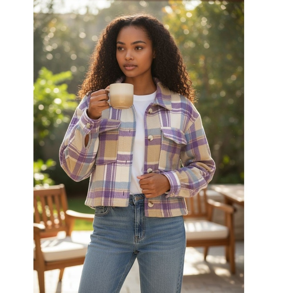 Republic Plaid Crop Shacket Large Purple Blue Beige Button‎ Down Jacket